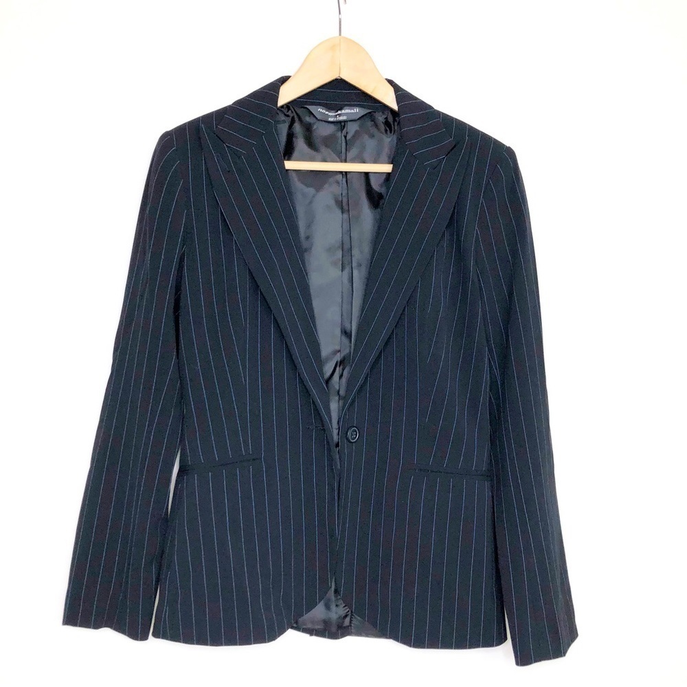 Norma Kamali Black pinstripe, one button closure blazer